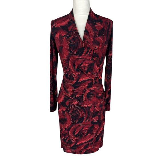 Norma Kamali Red Black Jersey Faux Wrap Dress Long Sleeve V-Neck Size Small - Picture 2 of 8